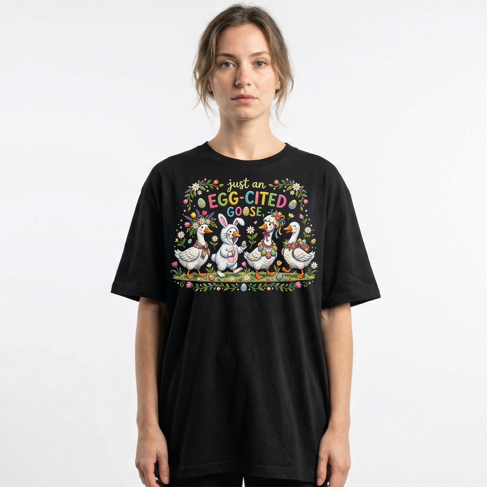 Egg Cited Goose Easter Duck Floral T-Shirt Spring Holiday Cute Animal Tee