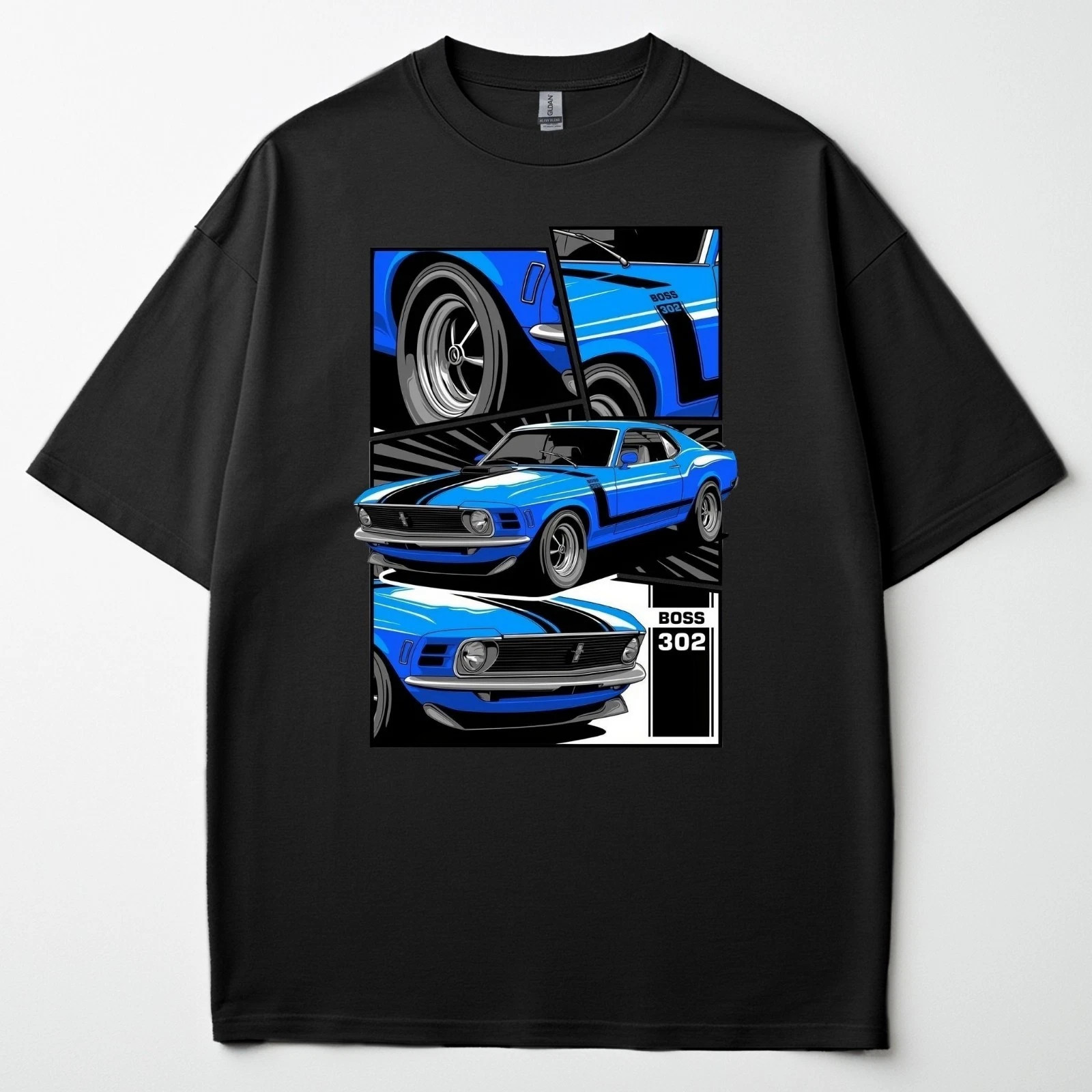Boss 302 Mustang T-Shirt Blue Muscle Car Graphic Ford Racing Legend Gift S-4XL