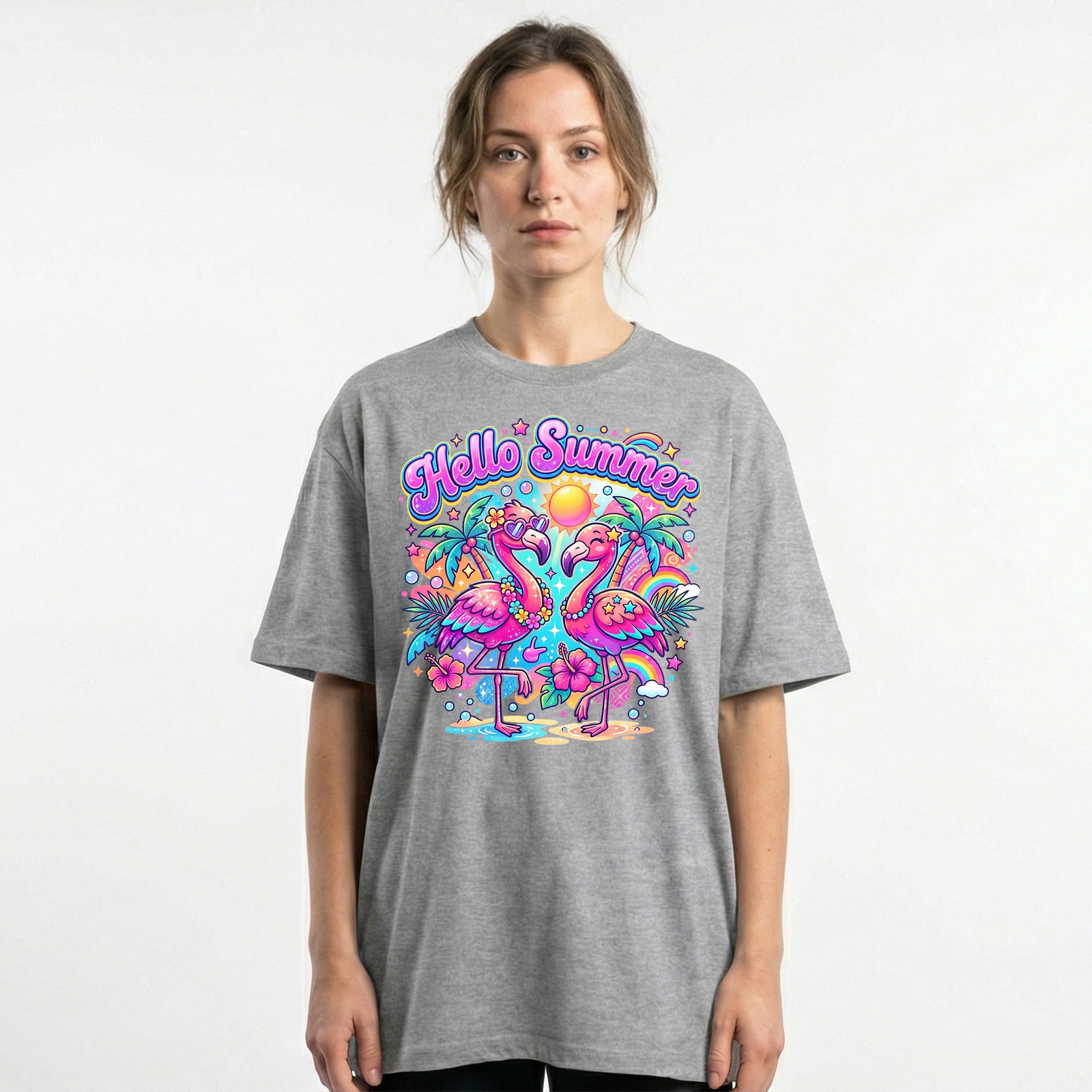 Hello Summer Tropical Flamingo T-Shirt Retro Neon Beach Vacation Holiday Tee