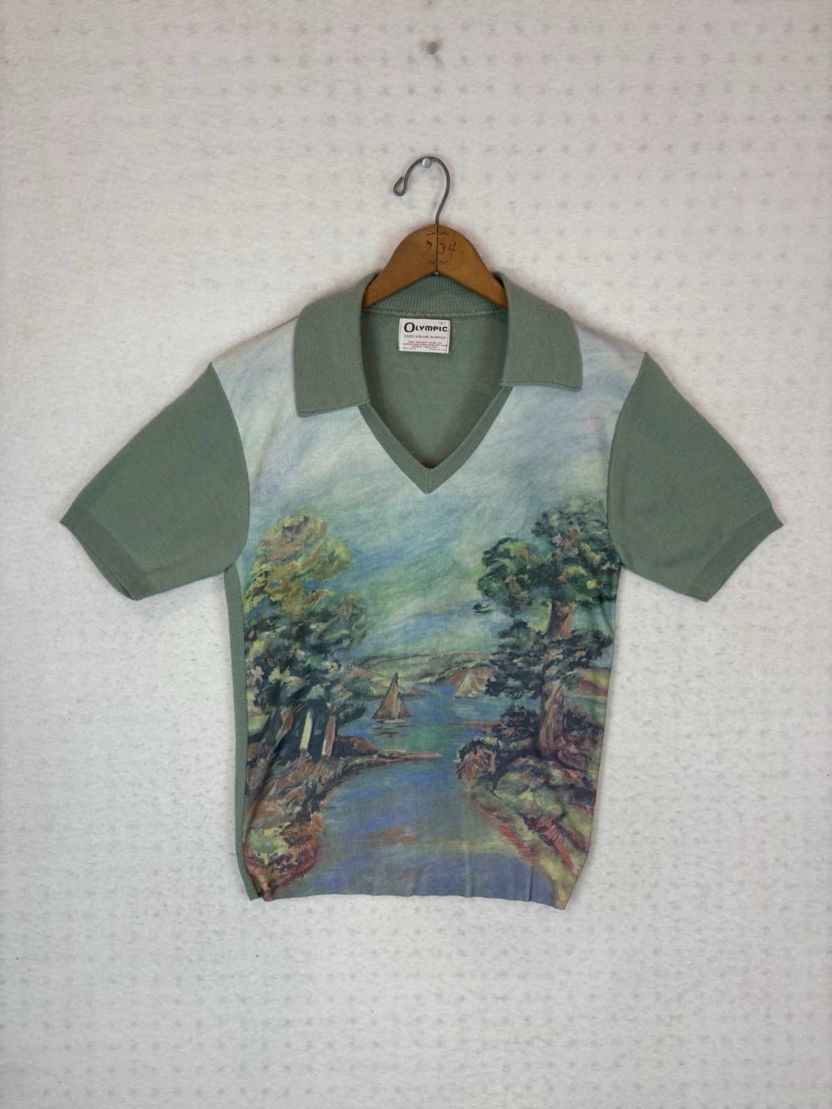 Vintage 70s Olympic Photo Print Collared V Neck Acrylic Shirt Size L Nature Tree