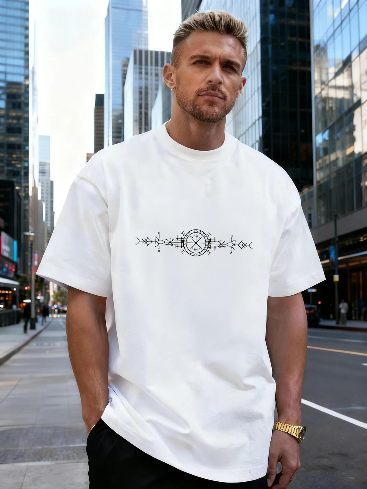 Geometric Rune Symbol Graphic 100% Cotton Men’s T-Shirt, for Daily Streetwear