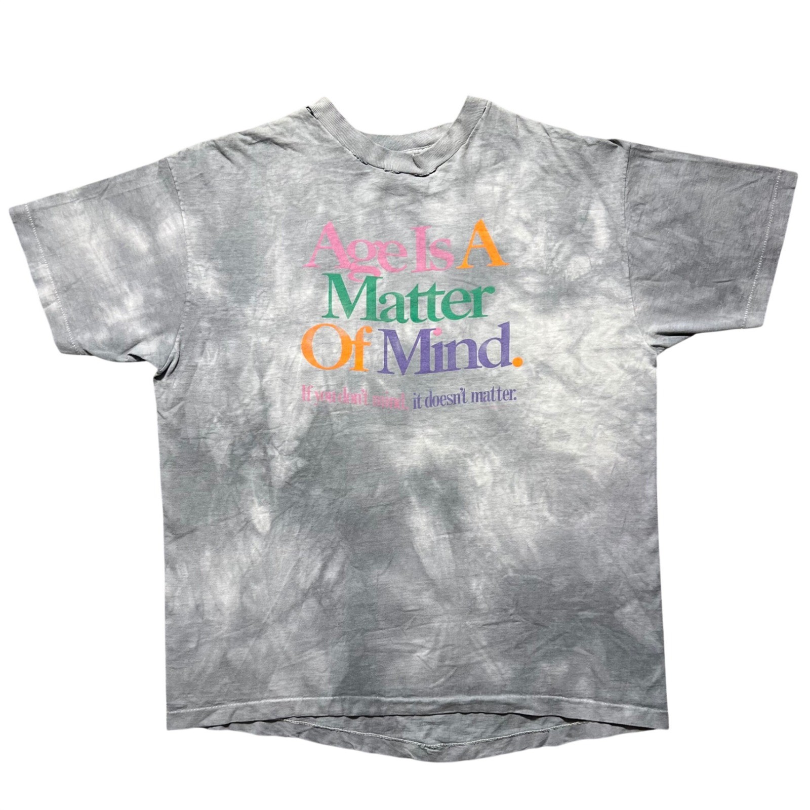 Vintage 80s 90s Peacock Papers T Shirt Age Is A Matter Of Mind Gray Tie Dye XL