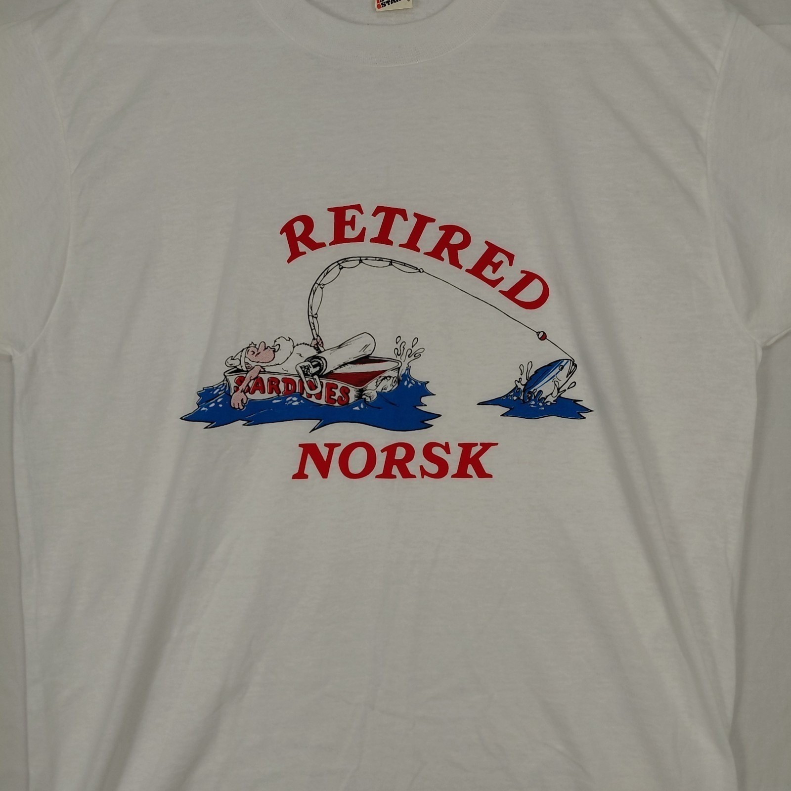 Vintage XL Screen Stars T Shirt Fishing Single Stitch Retired NORSK Cartoon USA