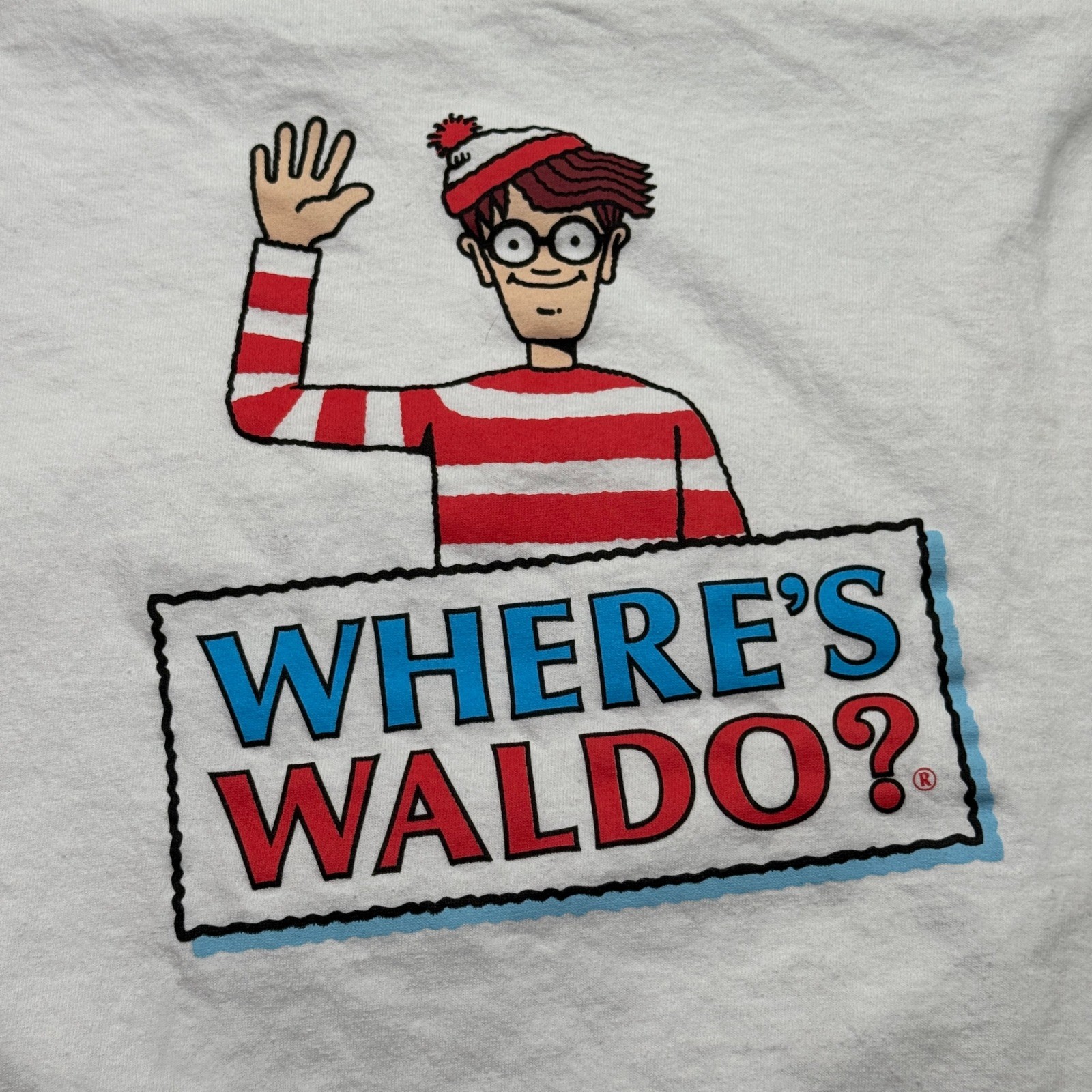Where’s Waldo? T-Shirt Mens XXL White Long Sleeve Graphic Cartoon Camping Map