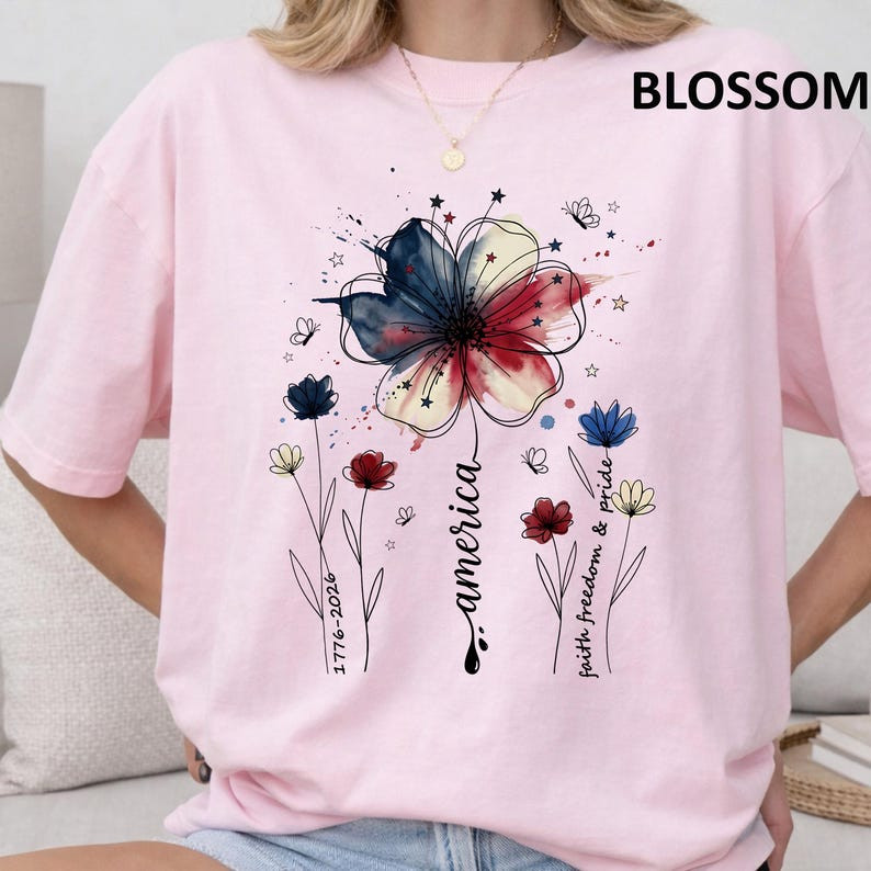 Comfort Colors American Floral Shirt Patriotic Wildflower USA 250th Tee