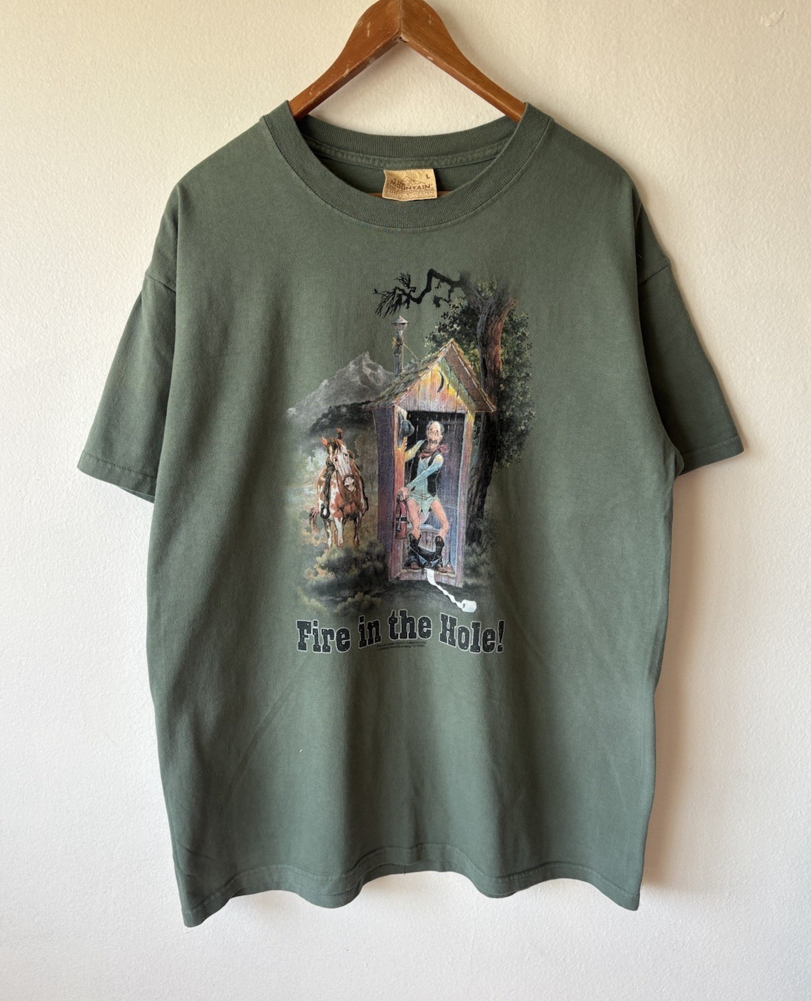 Vintage The Mountain “Fire In The Hole” Outhouse Horse Western T Shirt Large