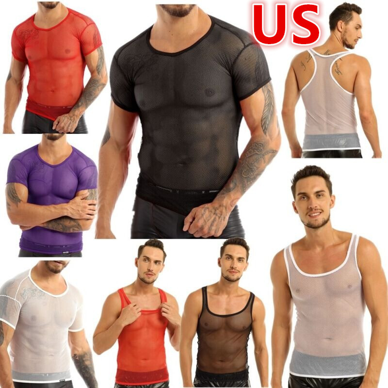 US Mens Mesh Sheer See Through Fishnet T-Shirt Casual Sexy Lingerie Top Clubwear