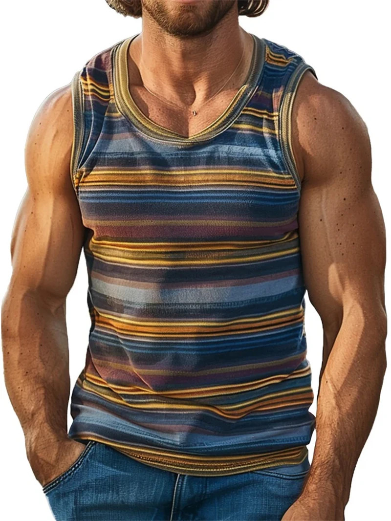 Men Retro Striped Tank Top Sleeveless 3D Print Loose Quick Dry Summer Vest