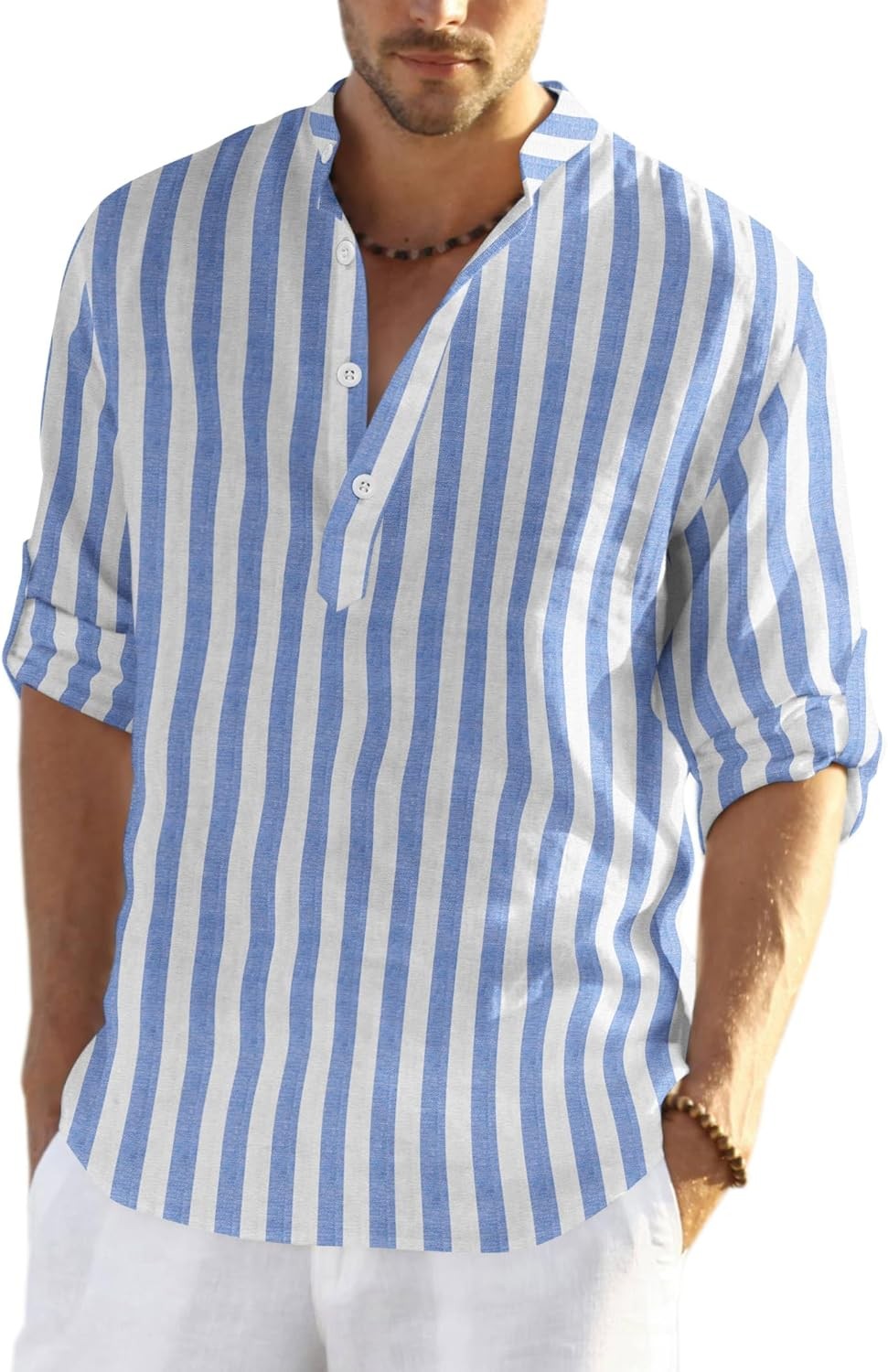Men’s Shirt Long Sleeve Blue White Striped Relaxed Fit Summer Cotton,Linen Mens