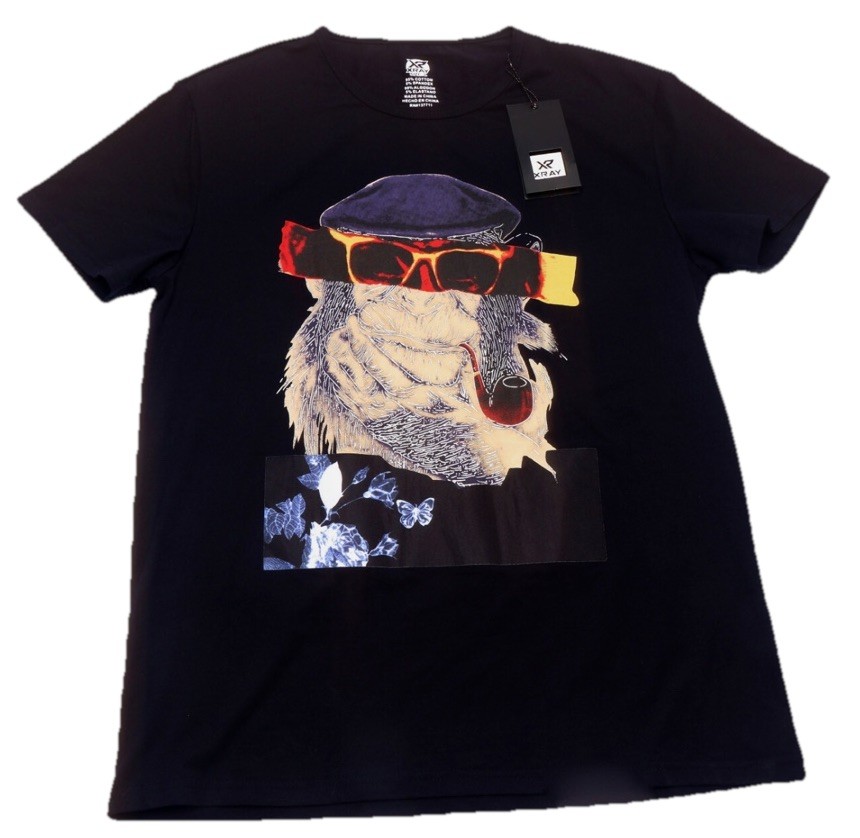 Men’s XRAY Graphic T-Shirt Sz L Monkey Sunglasses Pipe Hat Navy Cotton Slim Fit