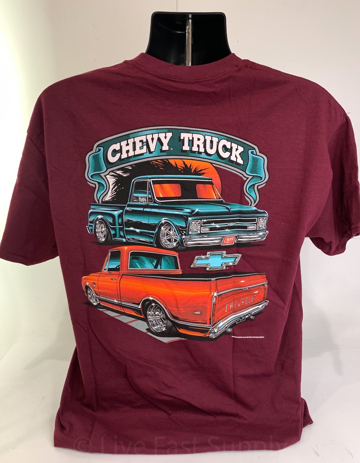 1967-72 Chevy C10 Pickup T-Shirt – Maroon w/ Orange & Teal Trucks (Licensed)