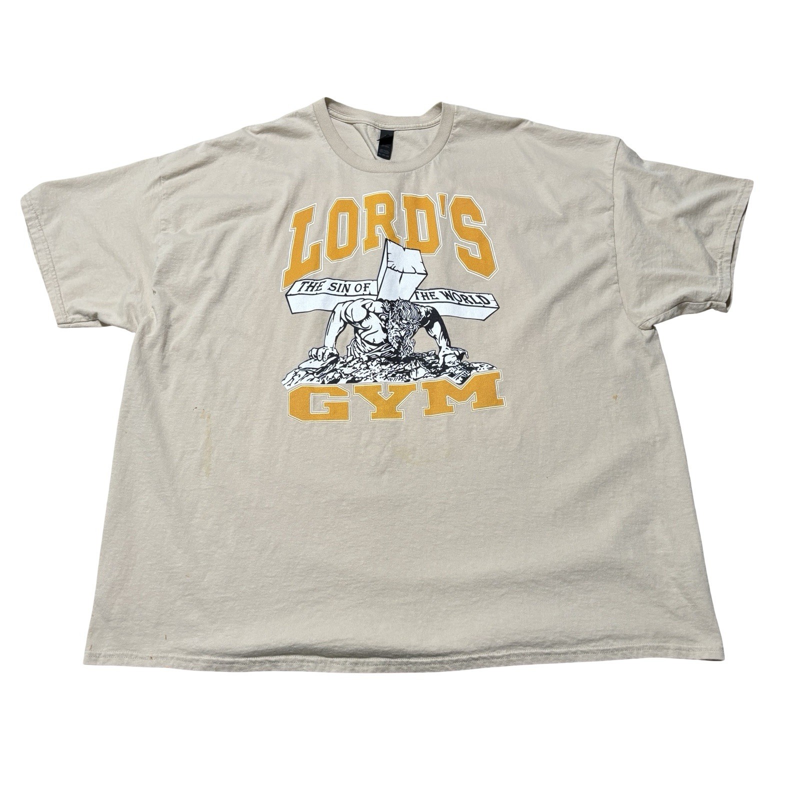 Lord’s Gym Religious Parody Pump Cover Workout T Shirt Beige Size 4XL 29.5 x 33