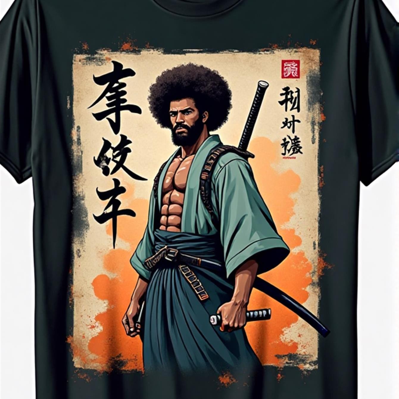 Retro African Samurai Graphic T-Shirt Japanese Warrior Streetwear Casual Tee