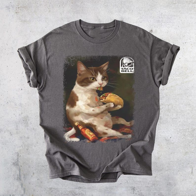 Cat Eating Taco T-Shirt Taco Bell Logo, Vintage Style, Funny Food Tee
