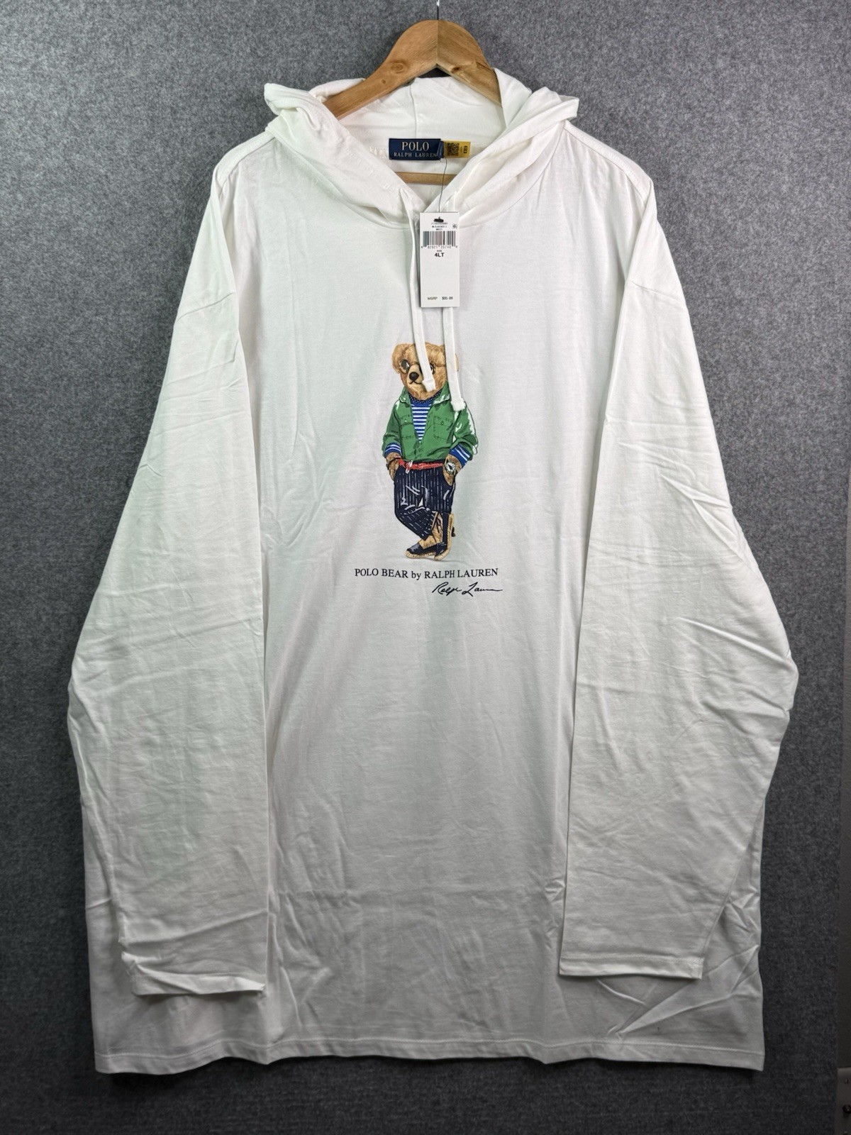 Polo Ralph Lauren Polo Bear White Jersey Hooded Long Sleeve T Shirt Mens 4XLT