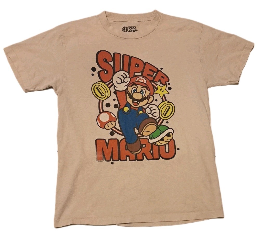 Super Mario Men’s Medium Off-White T-Shirt Video Game Graphic Tee Coins Power Up