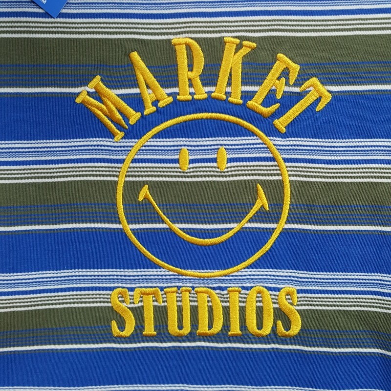 MARKET STUDIO Shirt Mens Small Blue Stripe Pullover Crew Smiley T-Shirt Tee