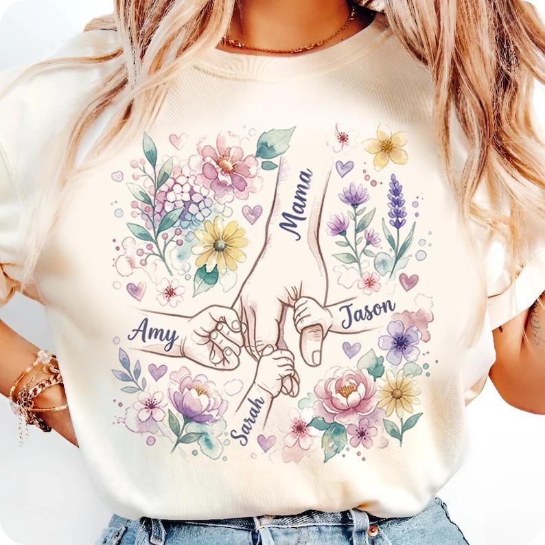 Custom Mom Shirt With Kids Names Personalized Mother Shirt Floral Mom Gift