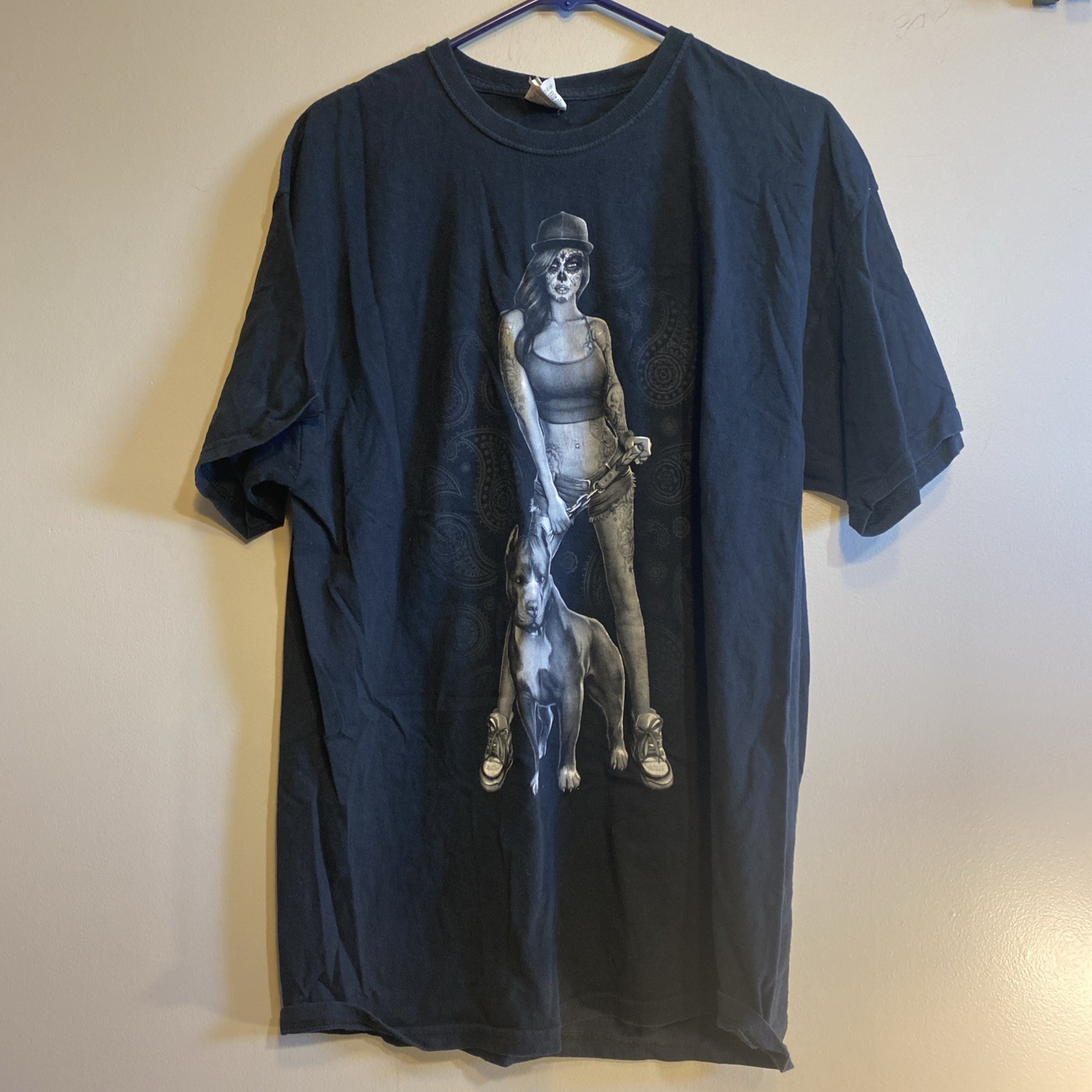 Vintage Tatted Skull Day Of The Dead Girl Pitbull Black T Shirt Size XL