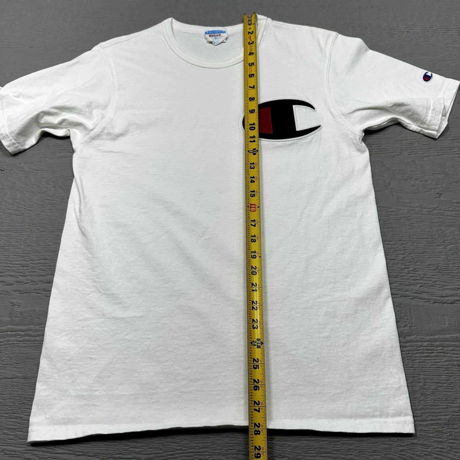 Champion Shirt Mens Medium White Patch Logo Cotton crew Neck Casual