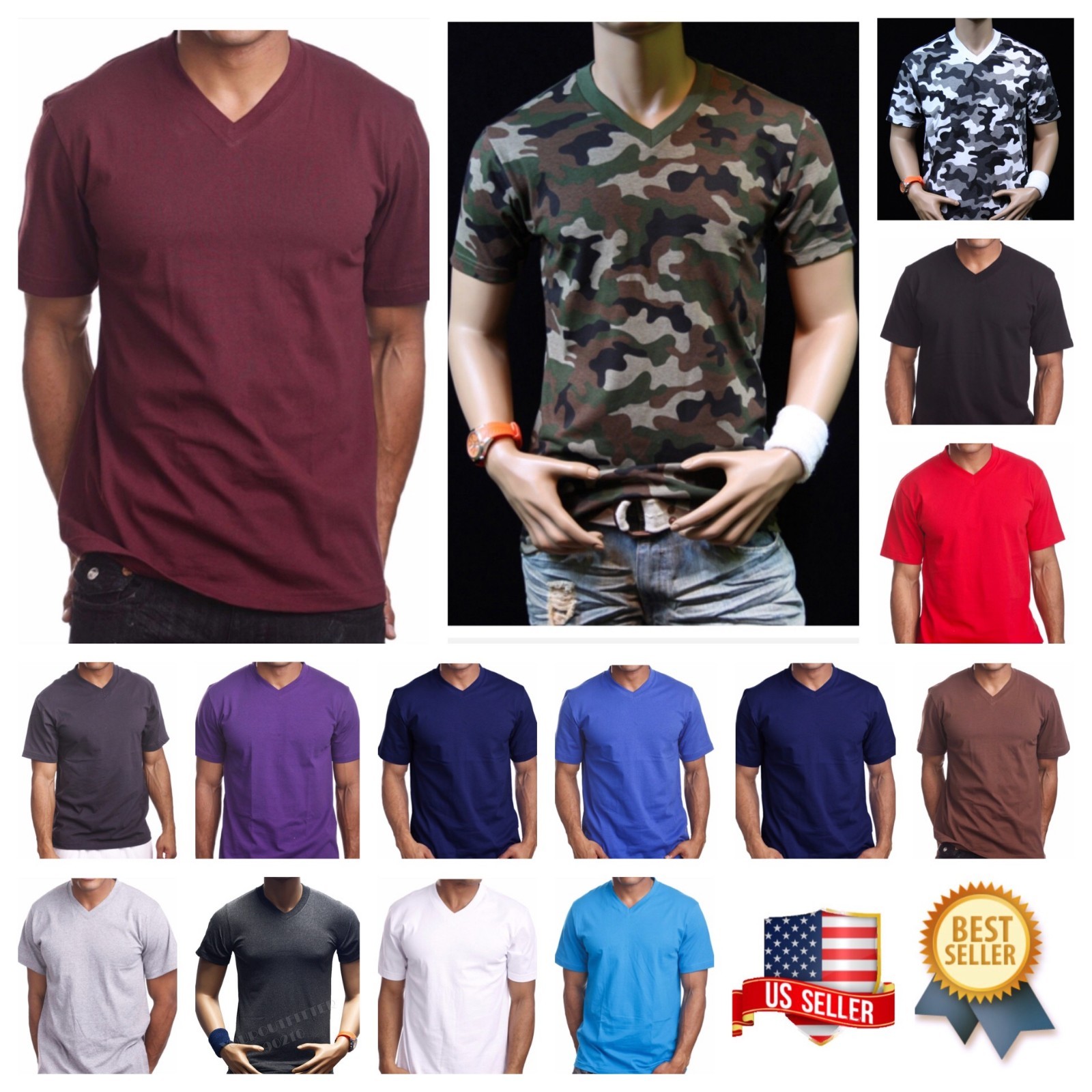 Mens T-Shirt HEAVY WEIGHT Plain V-Neck BIG AND TALL Camo Hunt GYM Active Tee