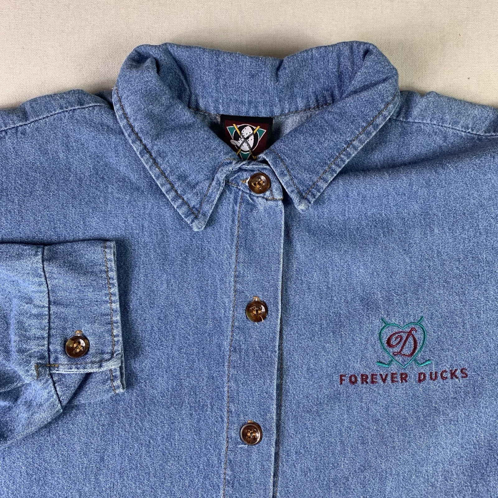 vtg 90s Mighty Ducks Original Produck Shirt Chambray Mens Large Blue Made in USA