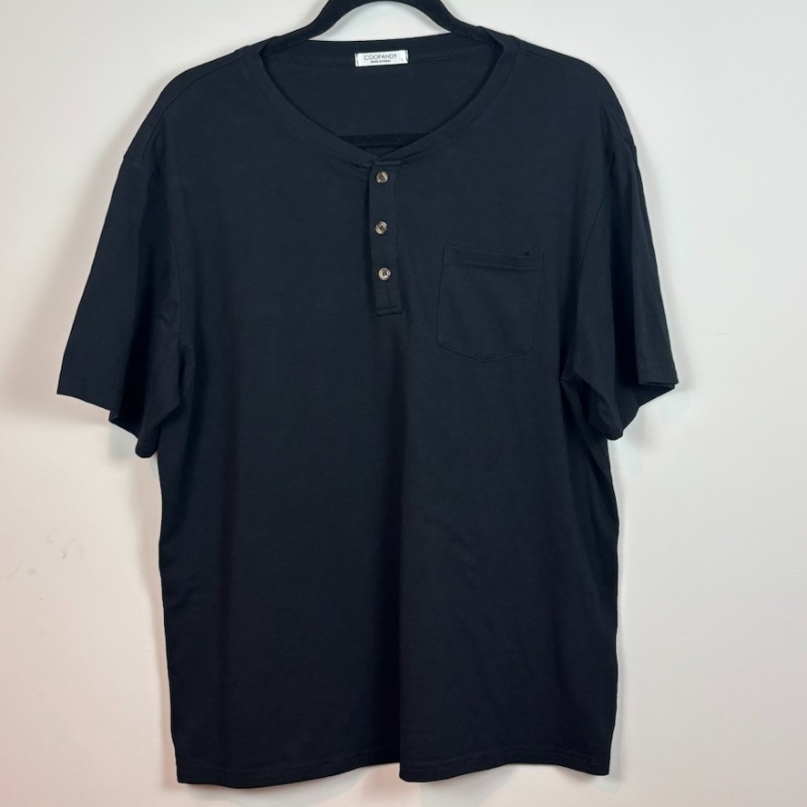 Coofandy Mens Black Short Sleeve Stretch Henley Tee size Large Classic Casual