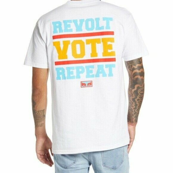 OBEY REVOLT VOTE REPEAT White Crewneck 100% Cotton American Graphic T-Shirt M