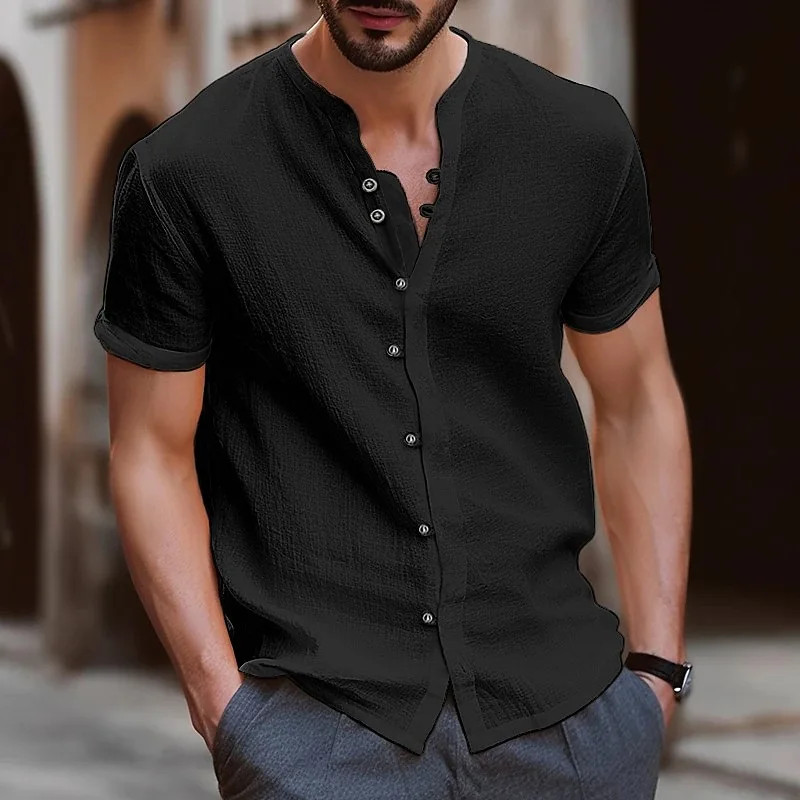 2026 New Men’s Casual Stand Up Collar Summer Solid Color Short Sleeve Cotton-Lin