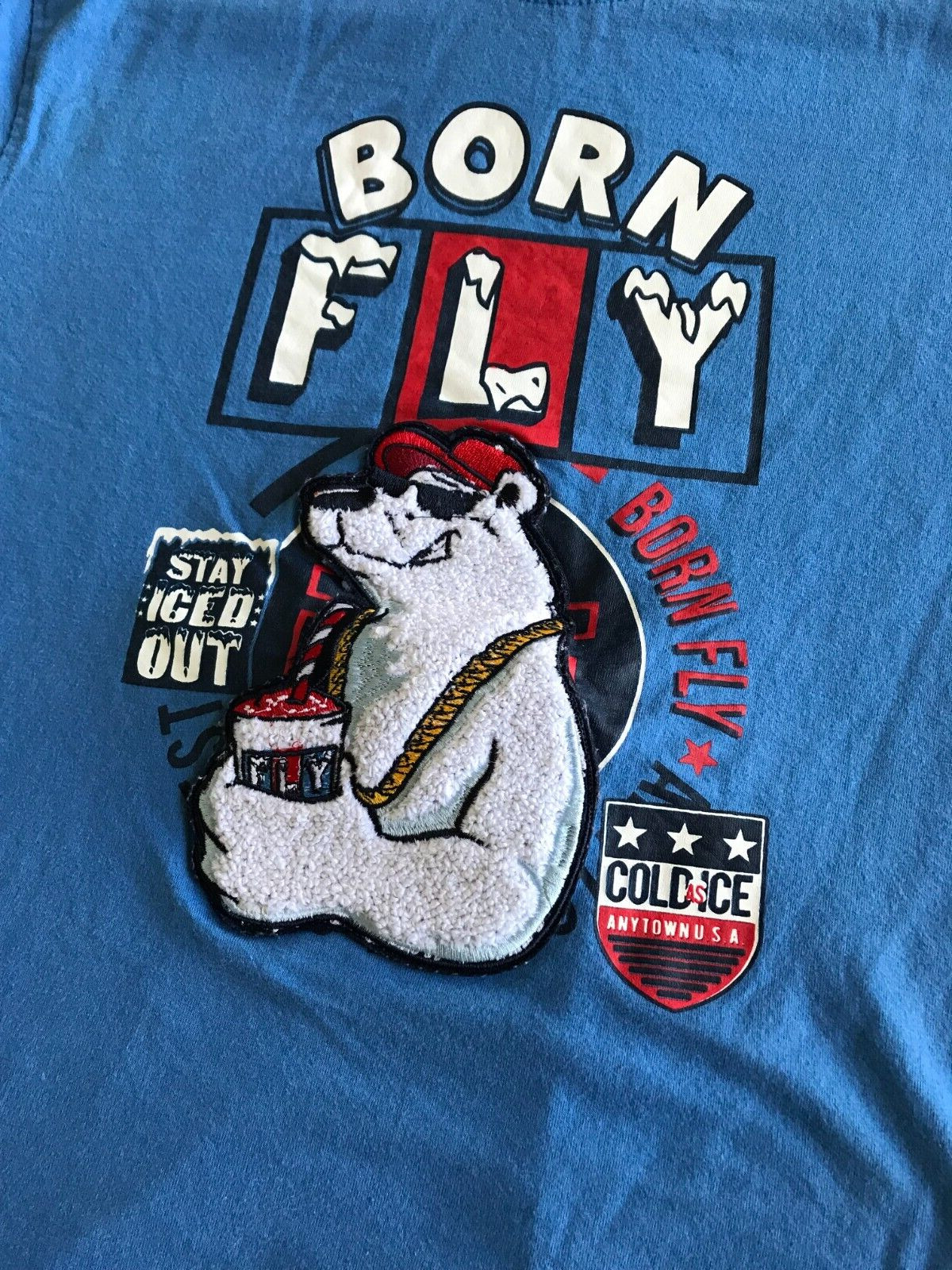 BORN FLY T SHIRT LARGE 14-16 WITH RAISED EMBOSSED BEAR RARE