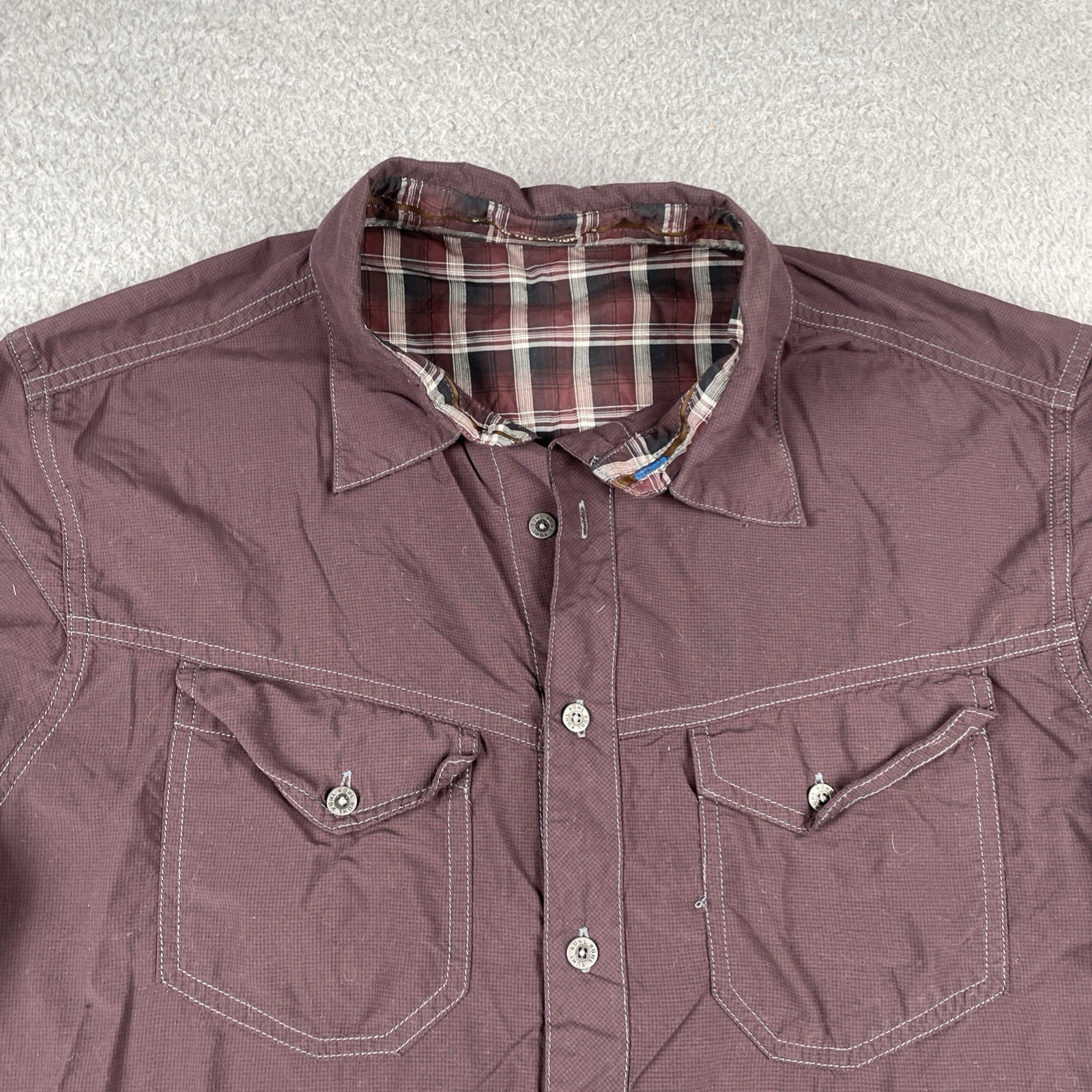Kuhl Outdoors Button Up Pocket Adventure Shirt Micro Plaid Nylon Medium Maroon