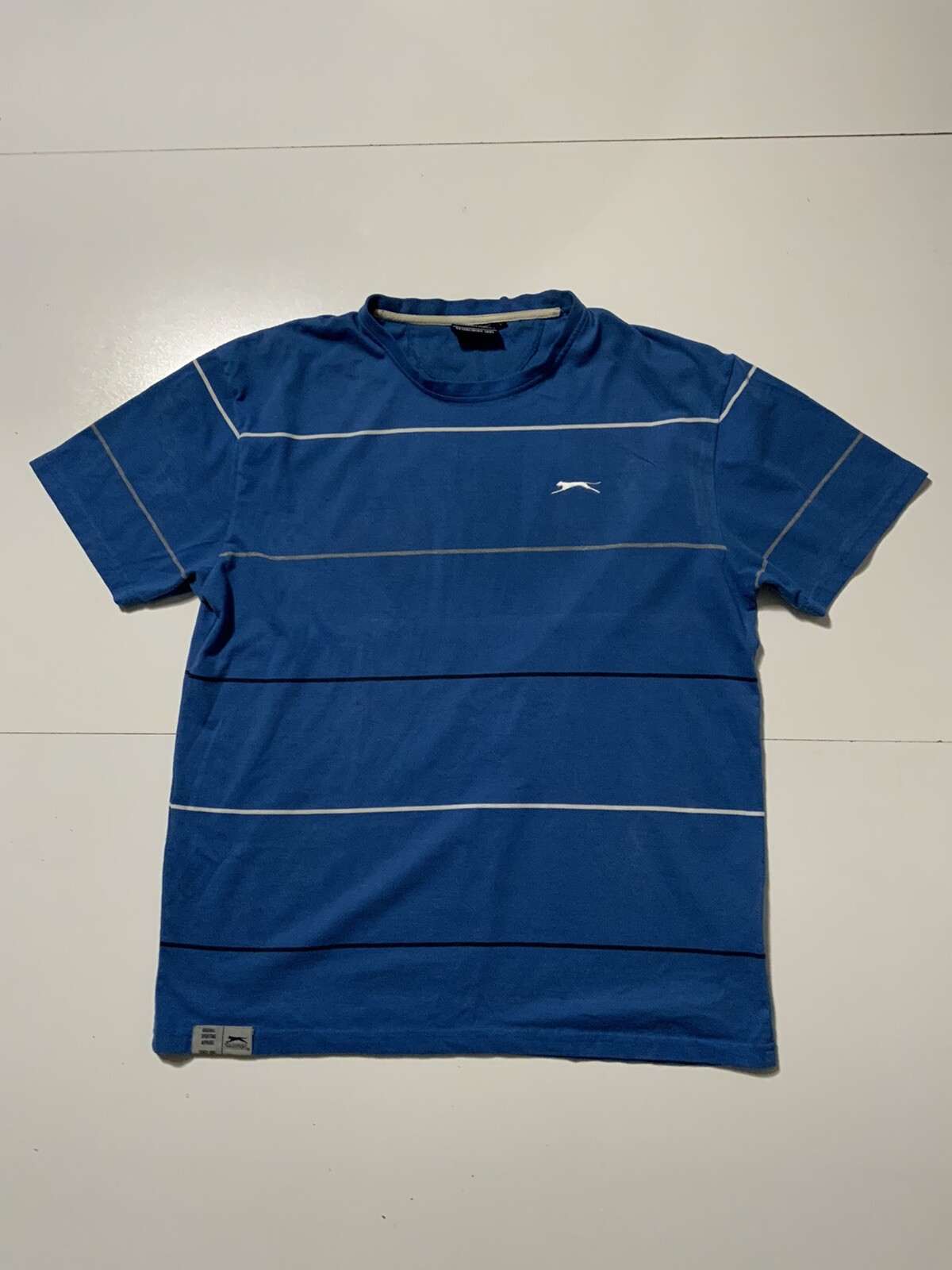 Vintage Slazenger Striped Blue Tennis Embroidered Logo S/S T-Shirt Sz. L