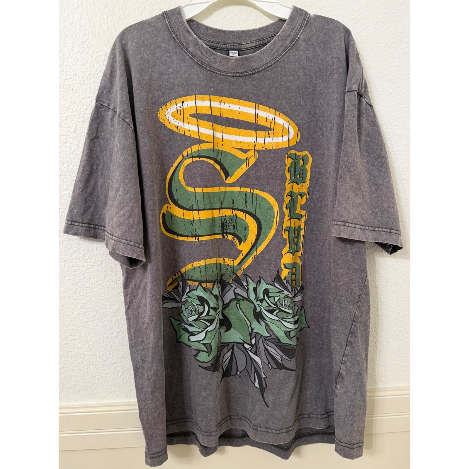 SHEIN Gray Acid Wash Graphic Tee Oversized Rose Halo Streetwear T-Shirt Large