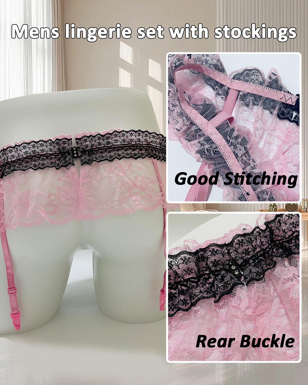 Mens Sissy Lingerie Outfits Lace Panties Underwear With 4 Garter One Size Pink