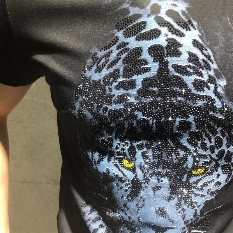 New Men Luxury Leopard Rhinestones Fashion Black White T-Shirt High Quality