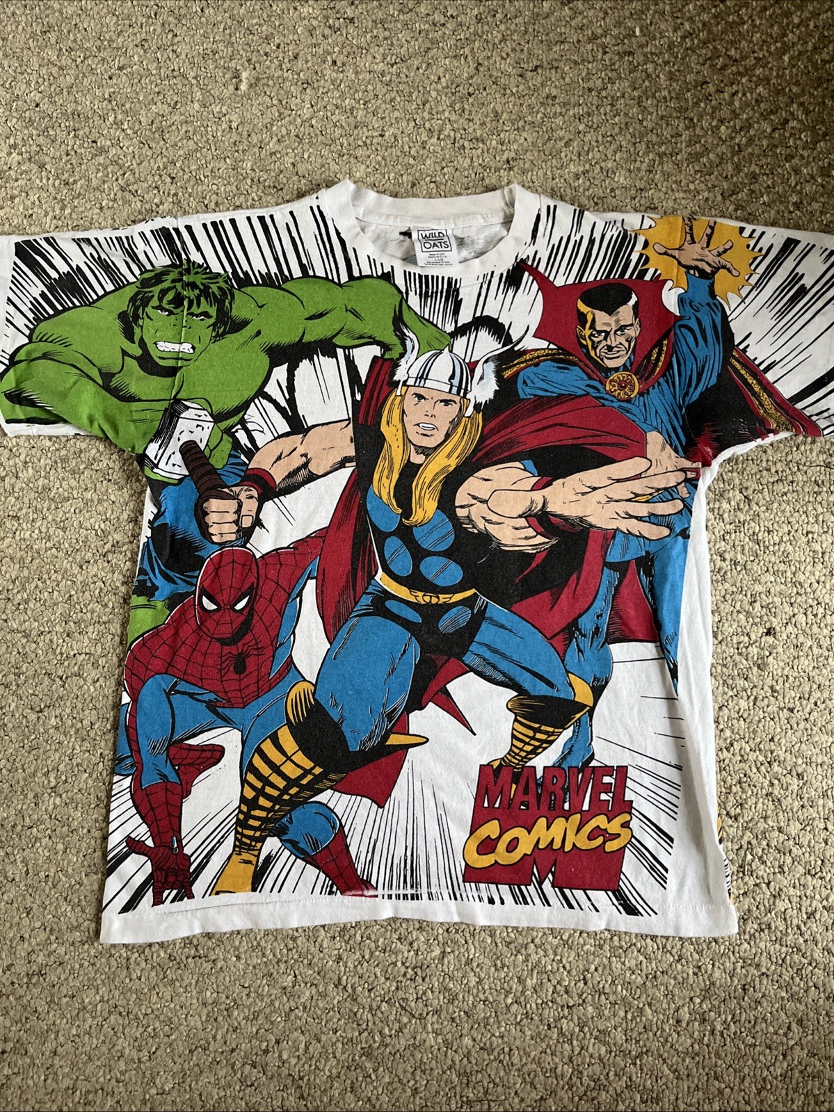 Vintage 1992 Marvel Comics The Avengers AOP Shirt Wild Oats Size L