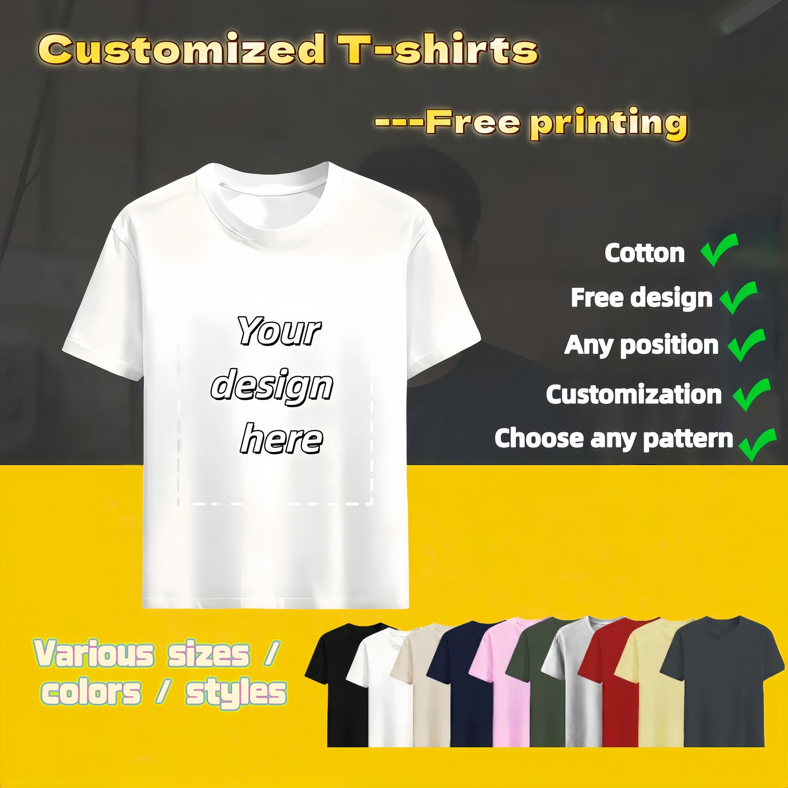 Personalized T-shirts, customizable with your text,photos or logo made of cotton