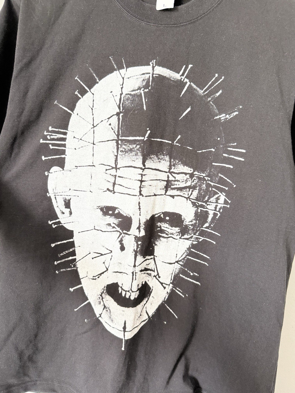 VTG Clive Barker Hellraiser Black Pin Head Big Face Horror Movie T Shirt Y2K