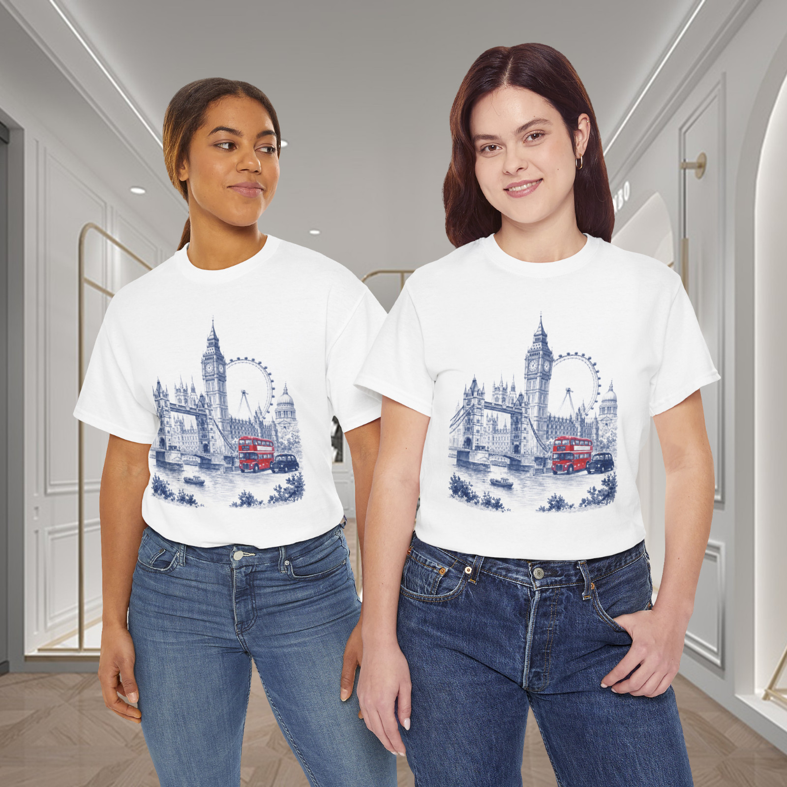 London Landmarks Big Ben Tower Bridge Red Bus Graphic T-Shirt
