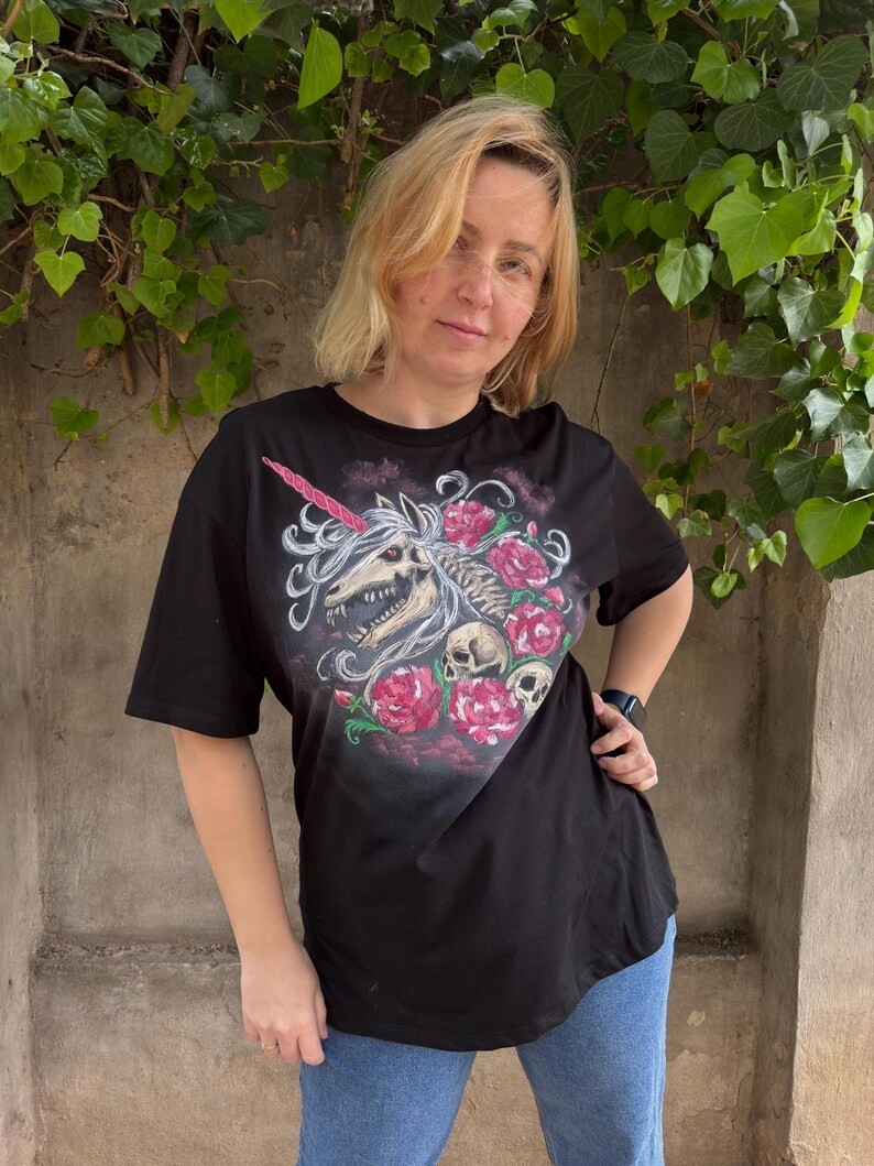 Hand Painted Gothic Unicorn Skull T-Shirt, Dark Fantasy Floral Tee