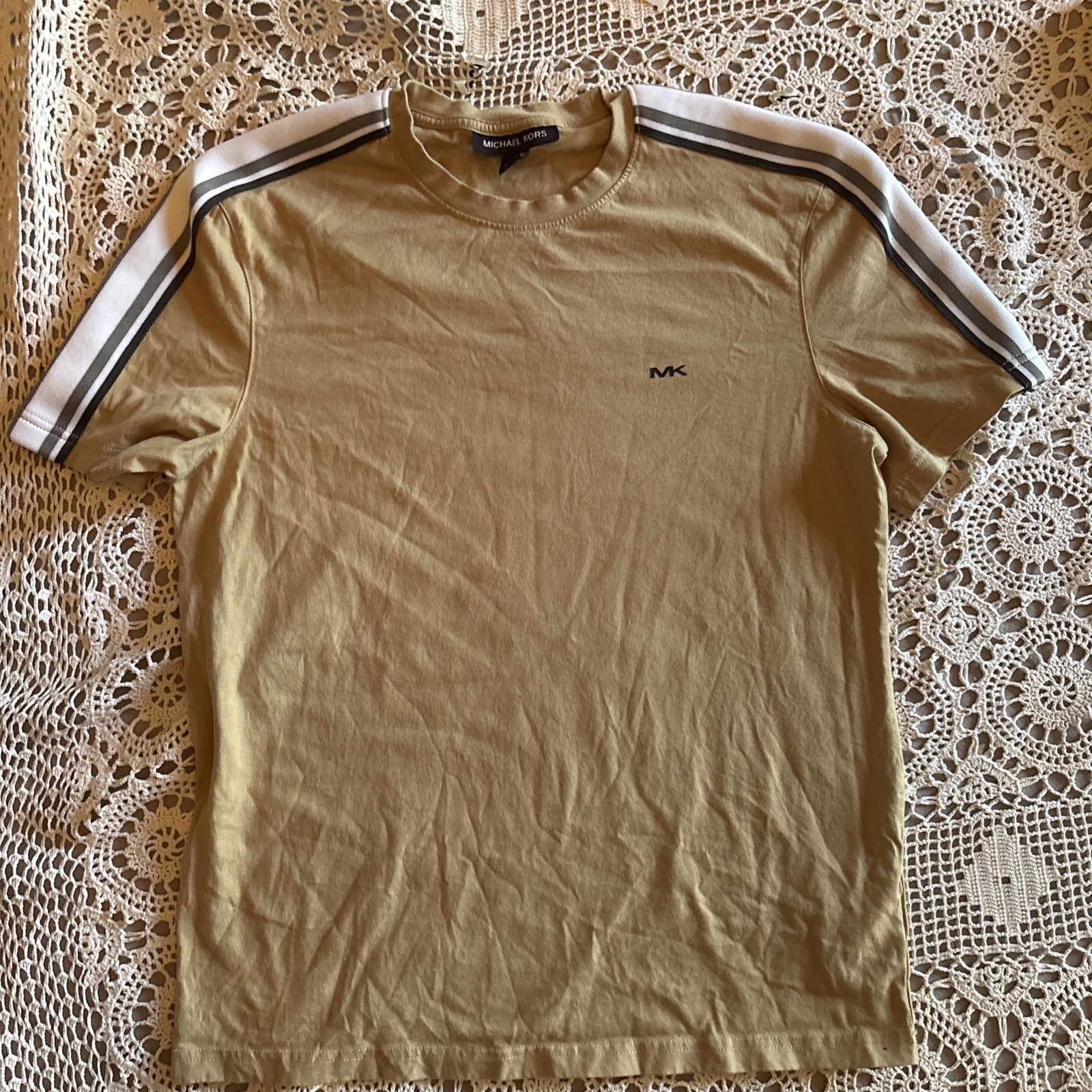 Michael Kors Men’s Short Sleeve T-Shirt Beige With Black White And Gray Stripes