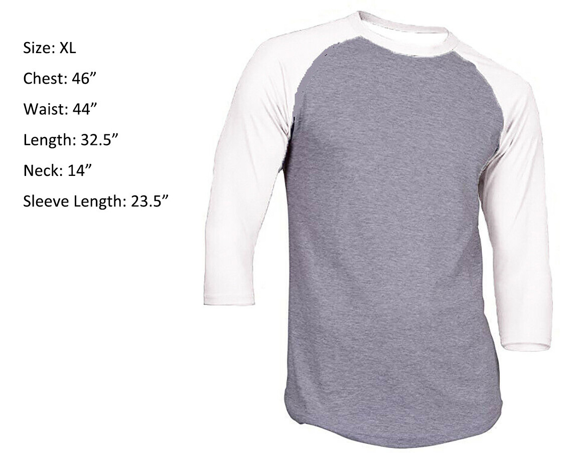 3/4 Sleeve Raglan Baseball Mens Plain Tee Jersey Sports T-Shirt gray white XL