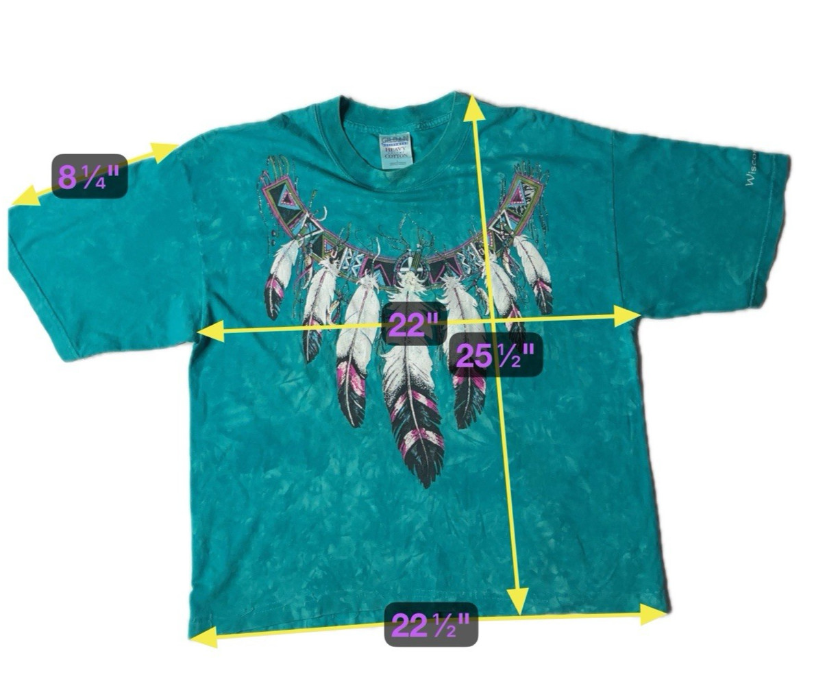 Vintage Tribal Feather Native American T Shirt Men Large Crew Neck Teal