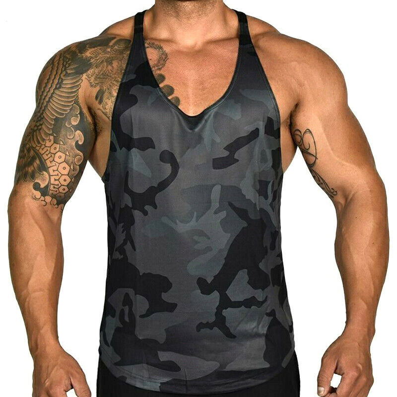 Mens Camo Stringer Sleeveless Tank Tops Gym Sports Workout Fitness Vest T-Shirts
