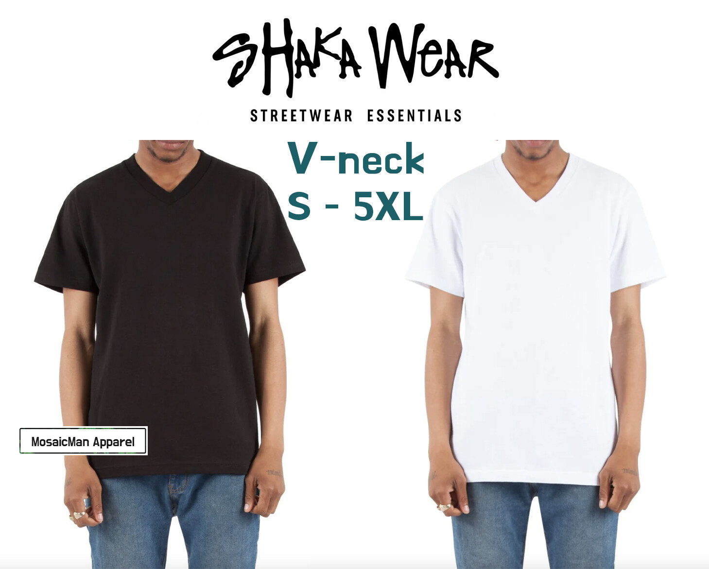 Shaka Wear V-neck Solid Short sleeve Cotton T-shirt Heavy knit White Black S-5X