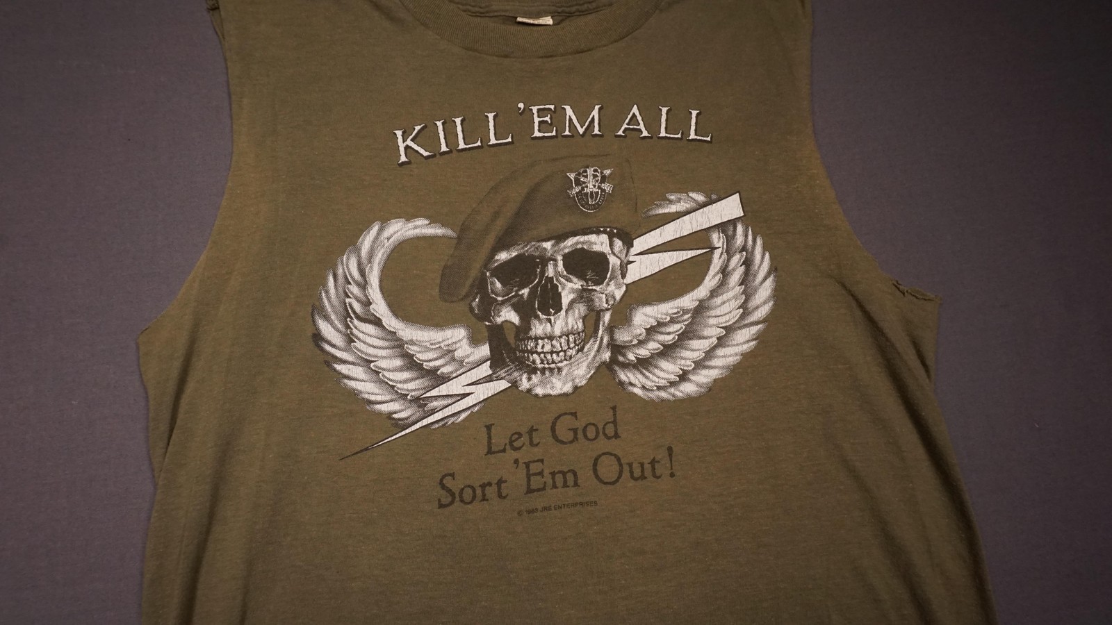 Vintage Kill ‘Em All Shirt Mens Large Green Let God Sort ‘Em Out Skull Tee 1983