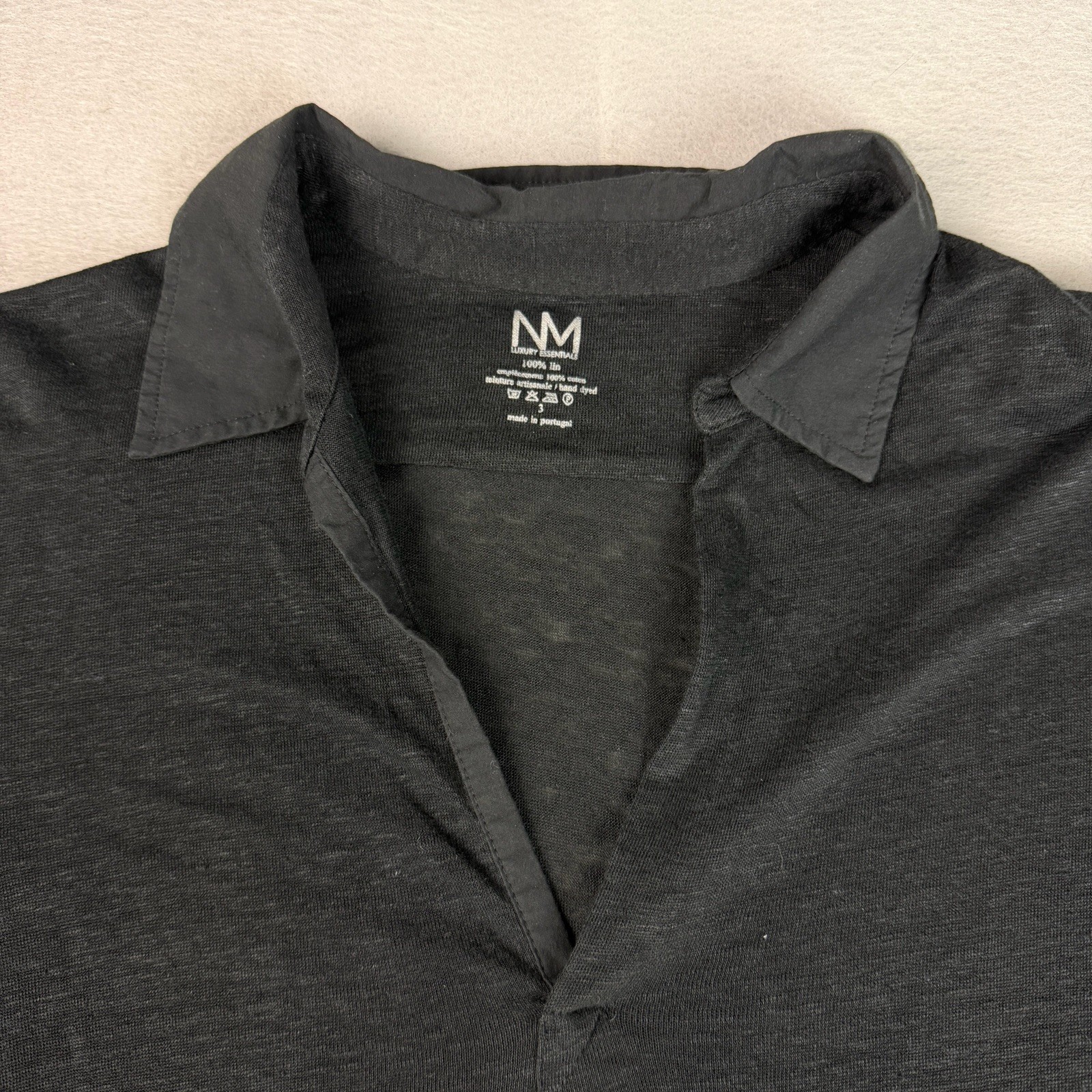 NM Luxury Essentials Linen Top Tee Popover Men XS/S V Neck Cuffed Semi Sheer