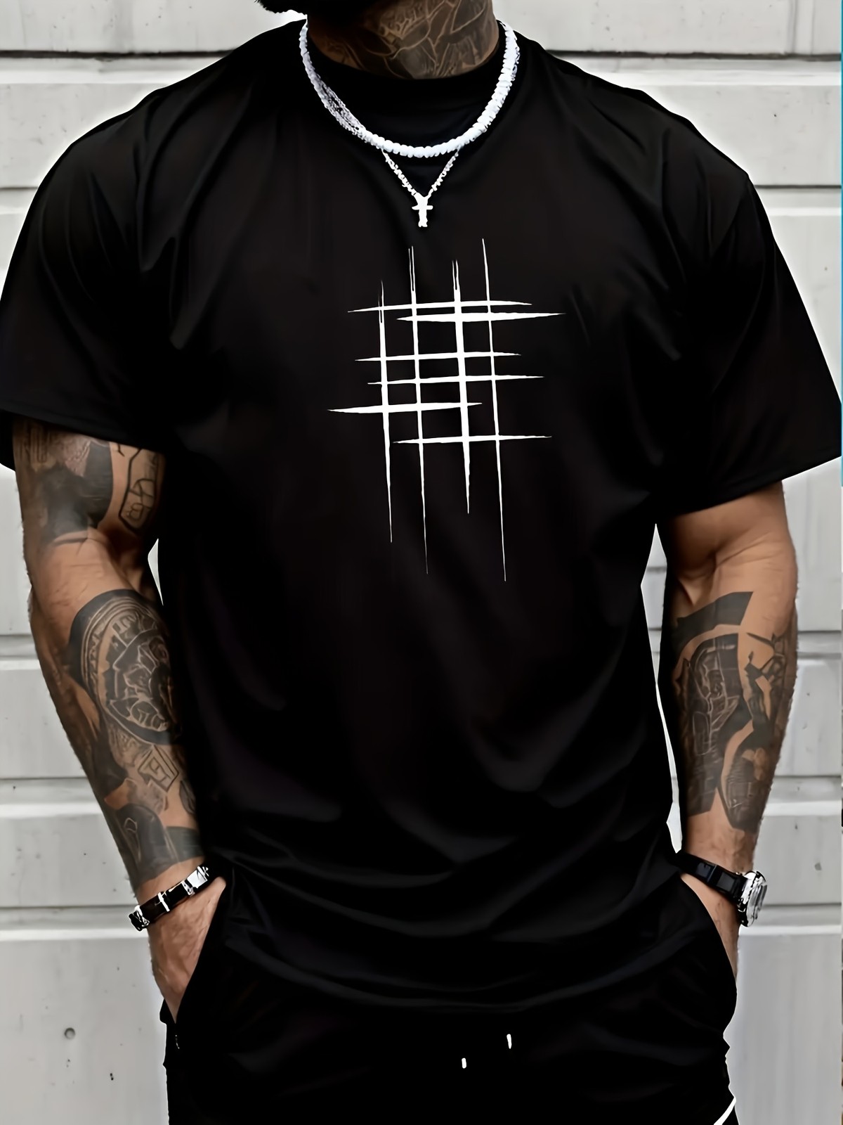 Men’s Casual Short Sleeve T-Shirt – Round Neck, Soft Polyester Fabric, Geometric