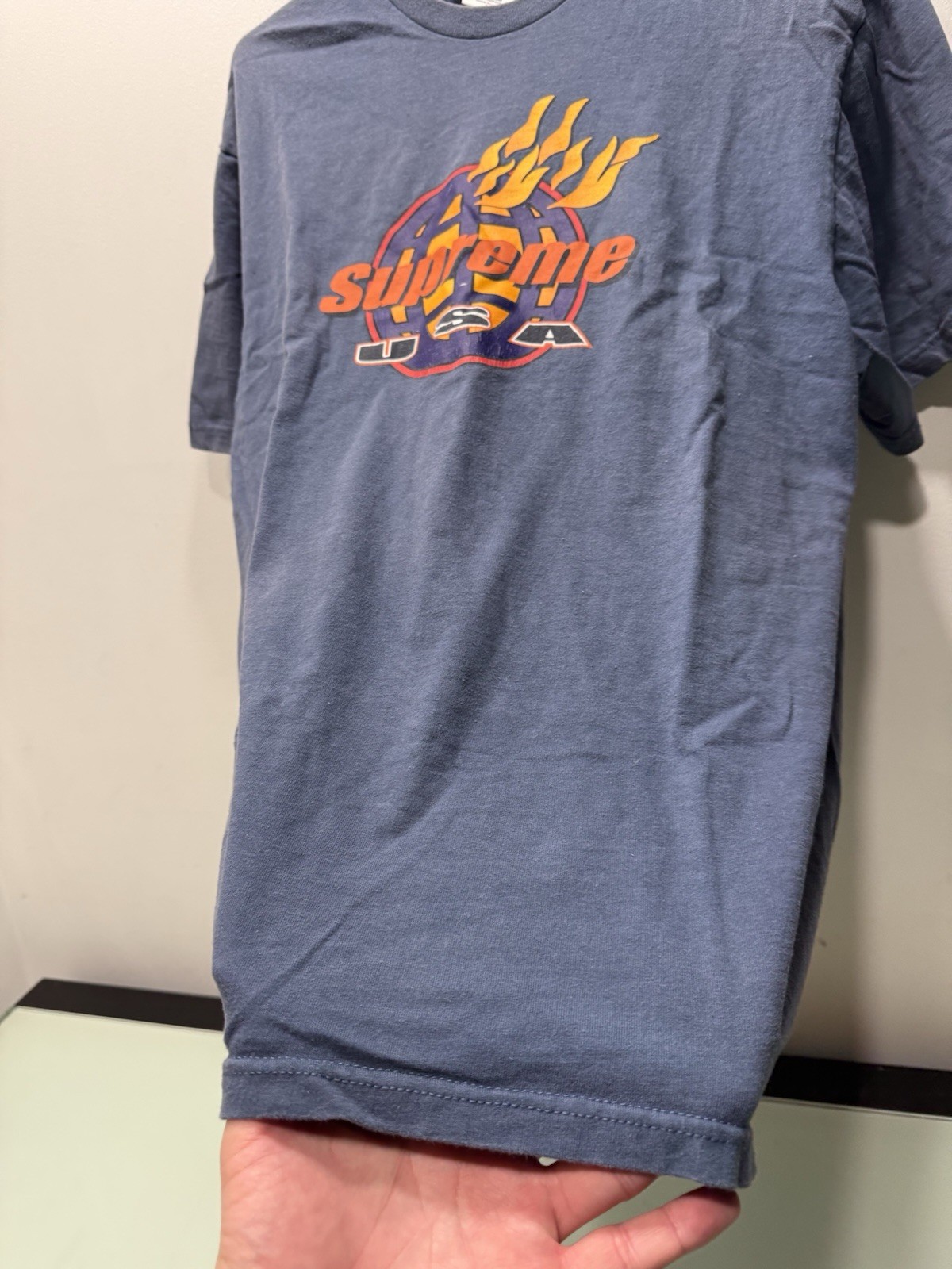 Supreme FW17 Flames Blue T-Shirt Size Medium Distressed Faded See Pics
