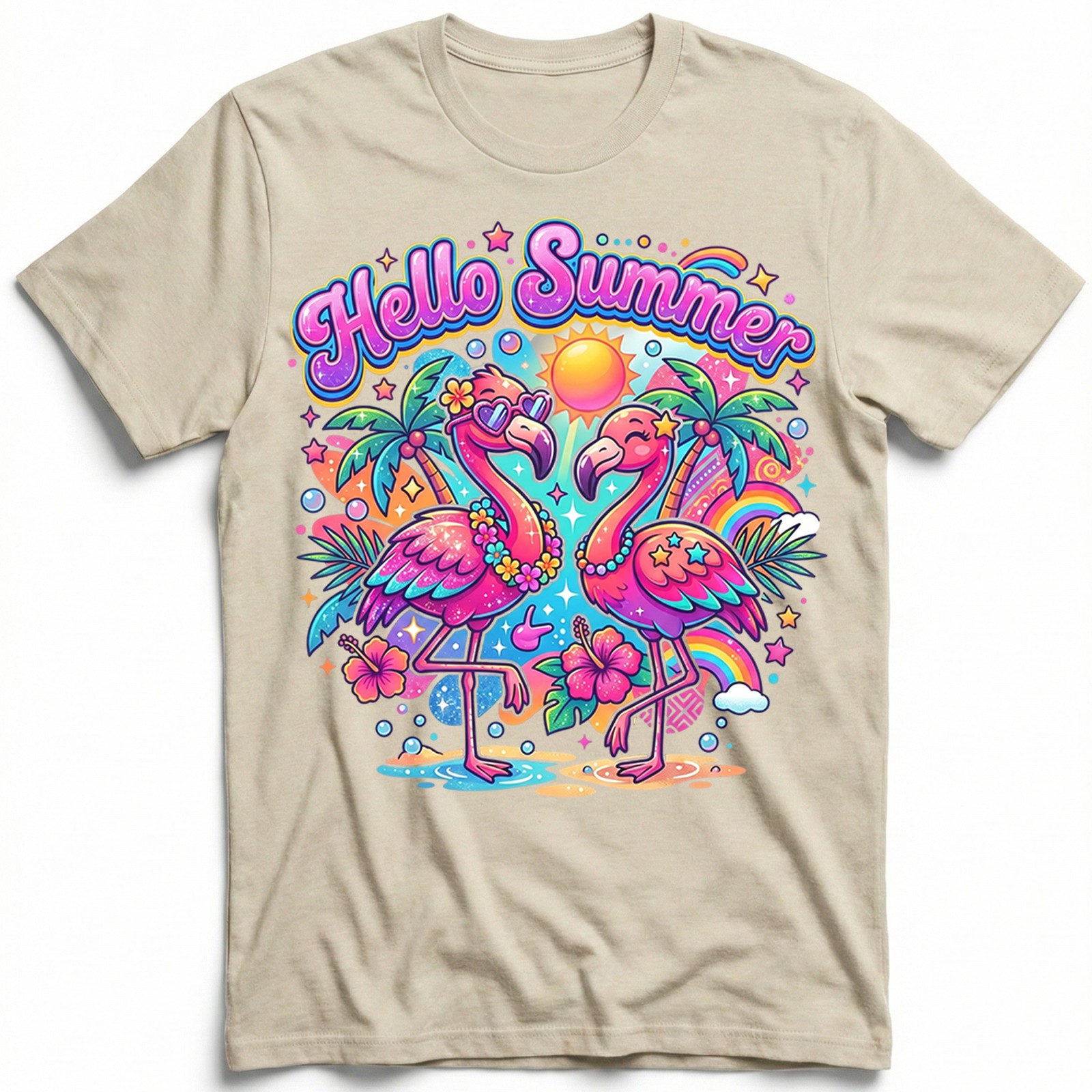 Hello Summer Tropical Flamingo T-Shirt Retro Neon Beach Vacation Holiday Tee